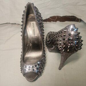 Steve Madden Awwsome Silver Spike Studded Sparkle Party Heels